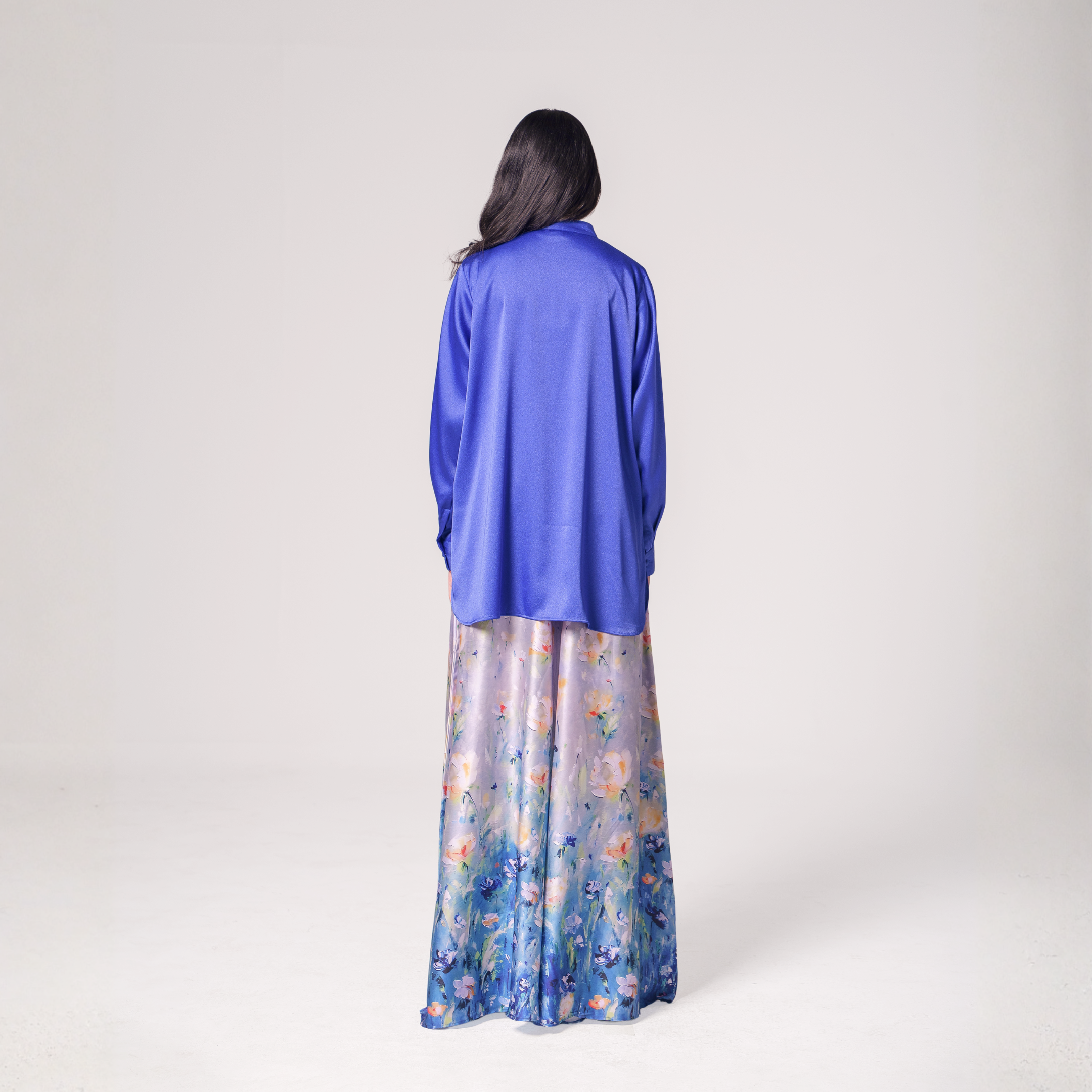 Button-Detail Silk Tunic with Printed Wide-Leg Pants