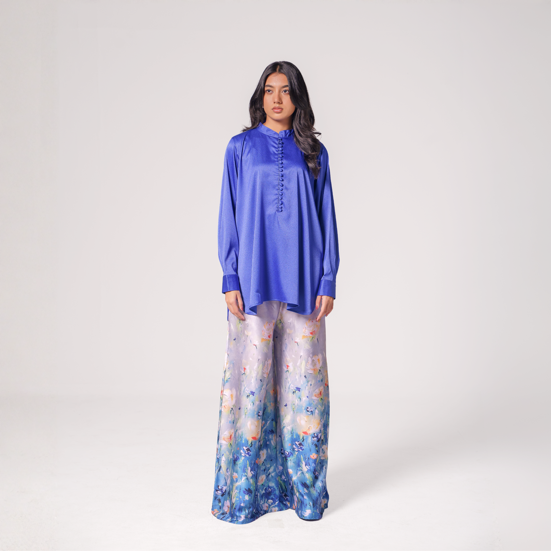 Button-Detail Silk Tunic with Printed Wide-Leg Pants