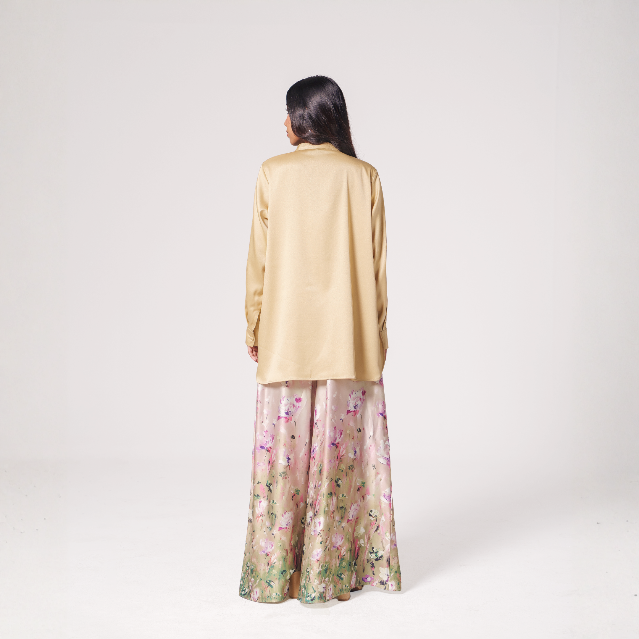 Button-Detail Silk Tunic with Printed Wide-Leg Pants