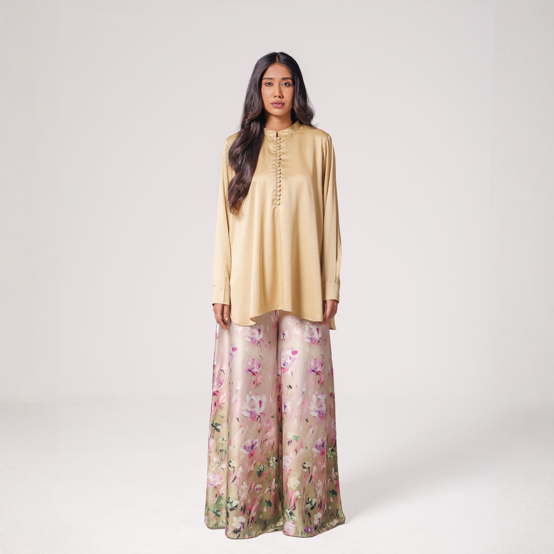 Button-Detail Silk Tunic with Printed Wide-Leg Pants
