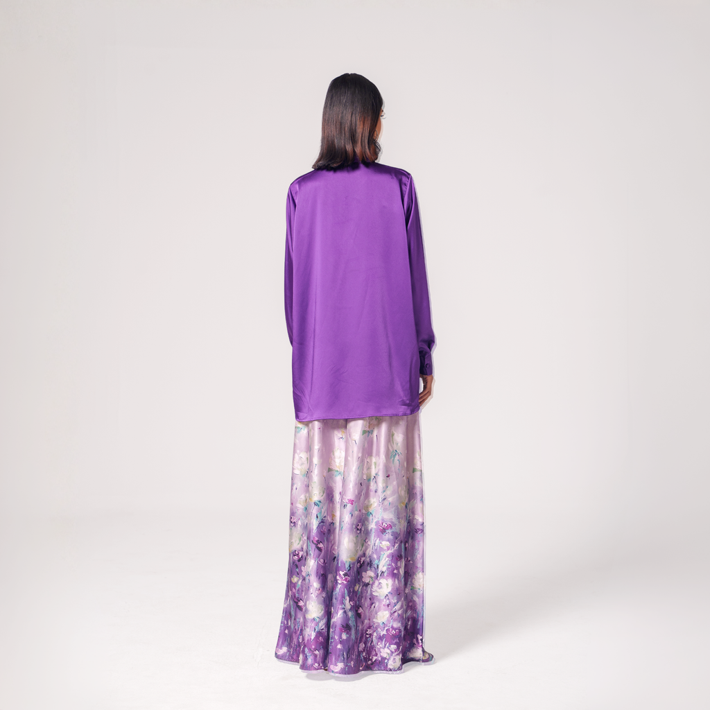 Button-Detail Silk Tunic with Printed Wide-Leg Pants
