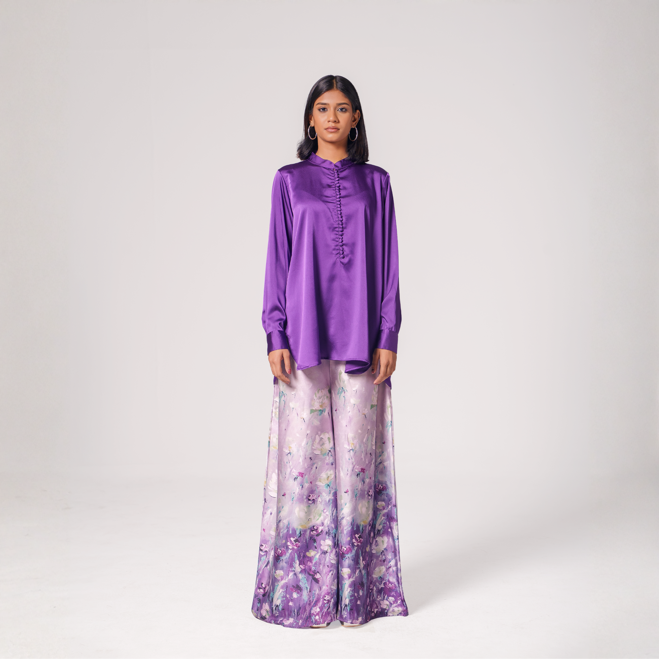 Button-Detail Silk Tunic with Printed Wide-Leg Pants