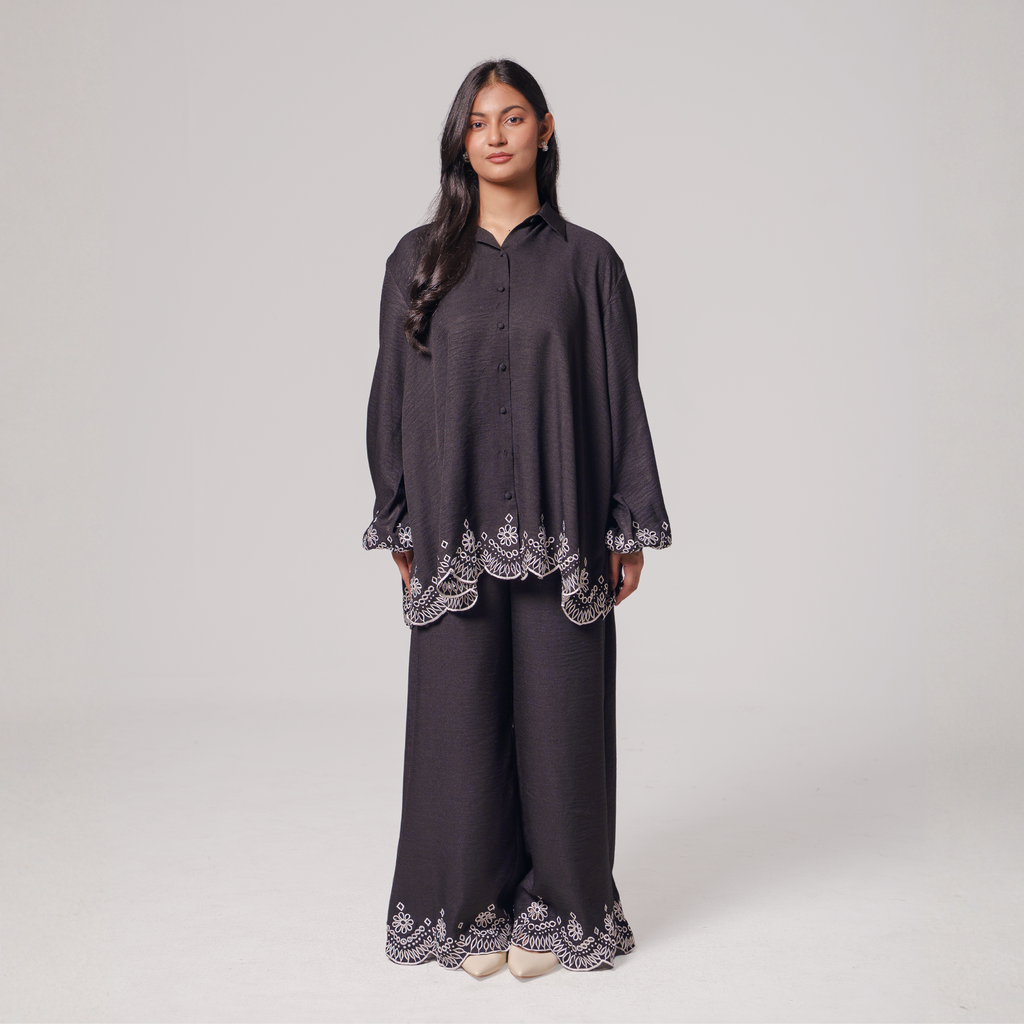 Embroidered Hem Shirt & Wide-Leg Pants Set