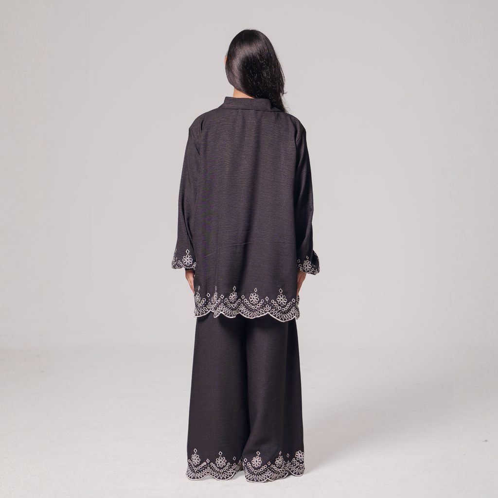 Embroidered Hem Shirt & Wide-Leg Pants Set