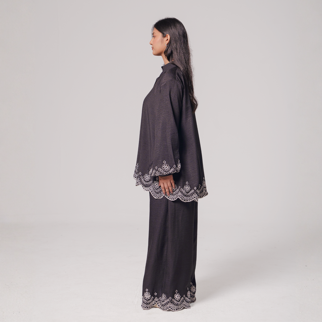 Embroidered Hem Shirt & Wide-Leg Pants Set