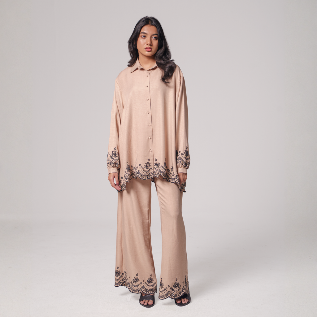 Embroidered Hem Shirt & Wide-Leg Pants Set