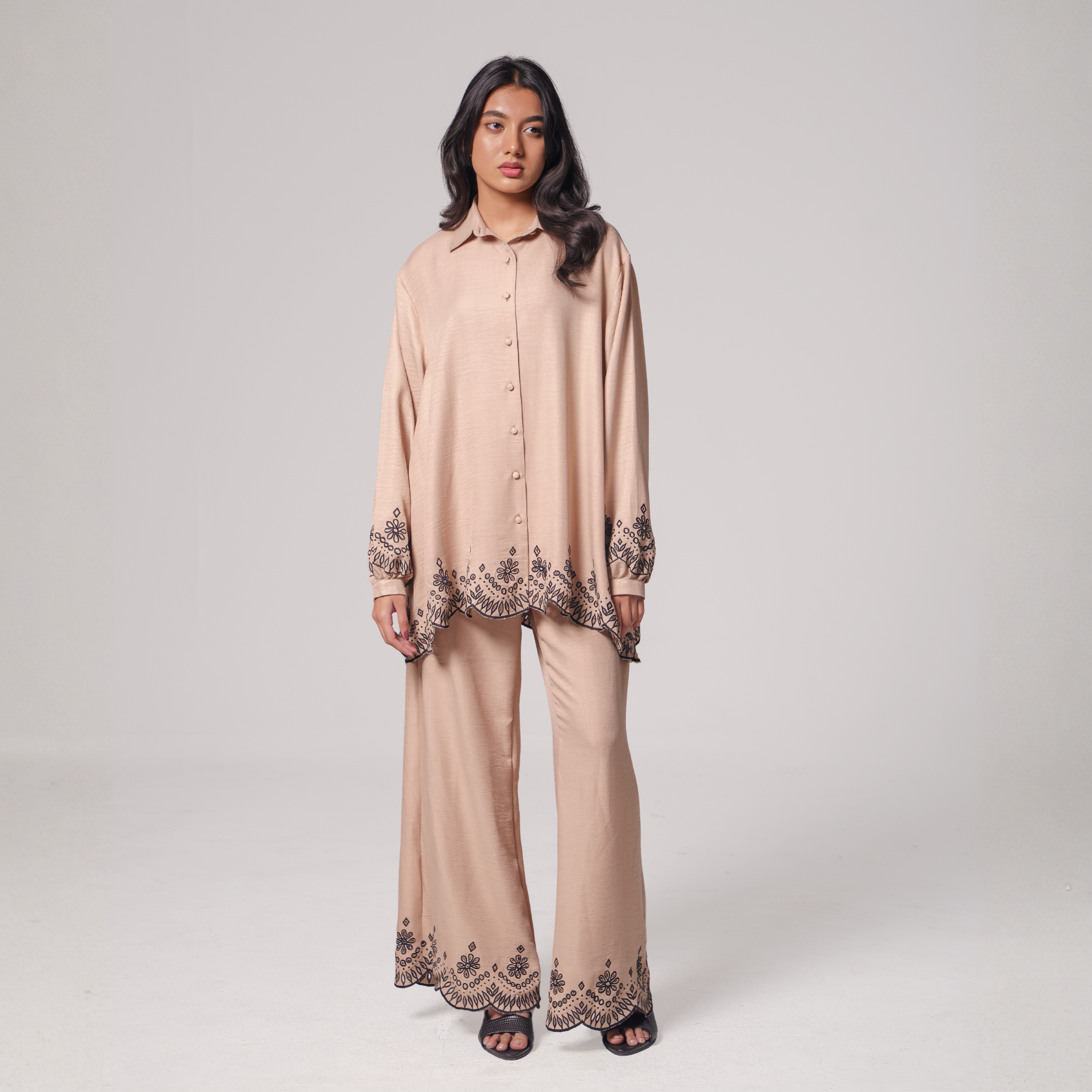 Embroidered Hem Shirt & Wide-Leg Pants Set