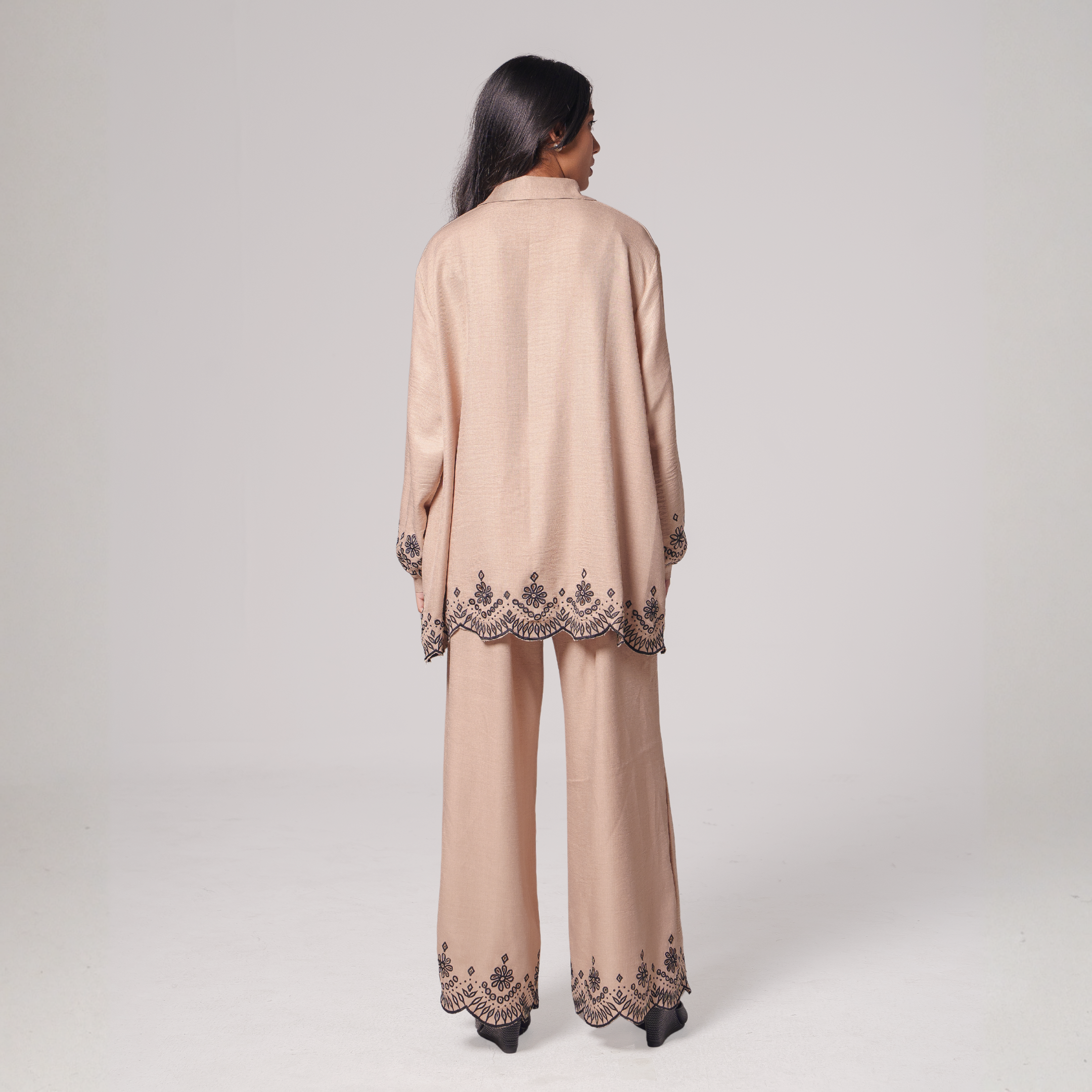 Embroidered Hem Shirt & Wide-Leg Pants Set