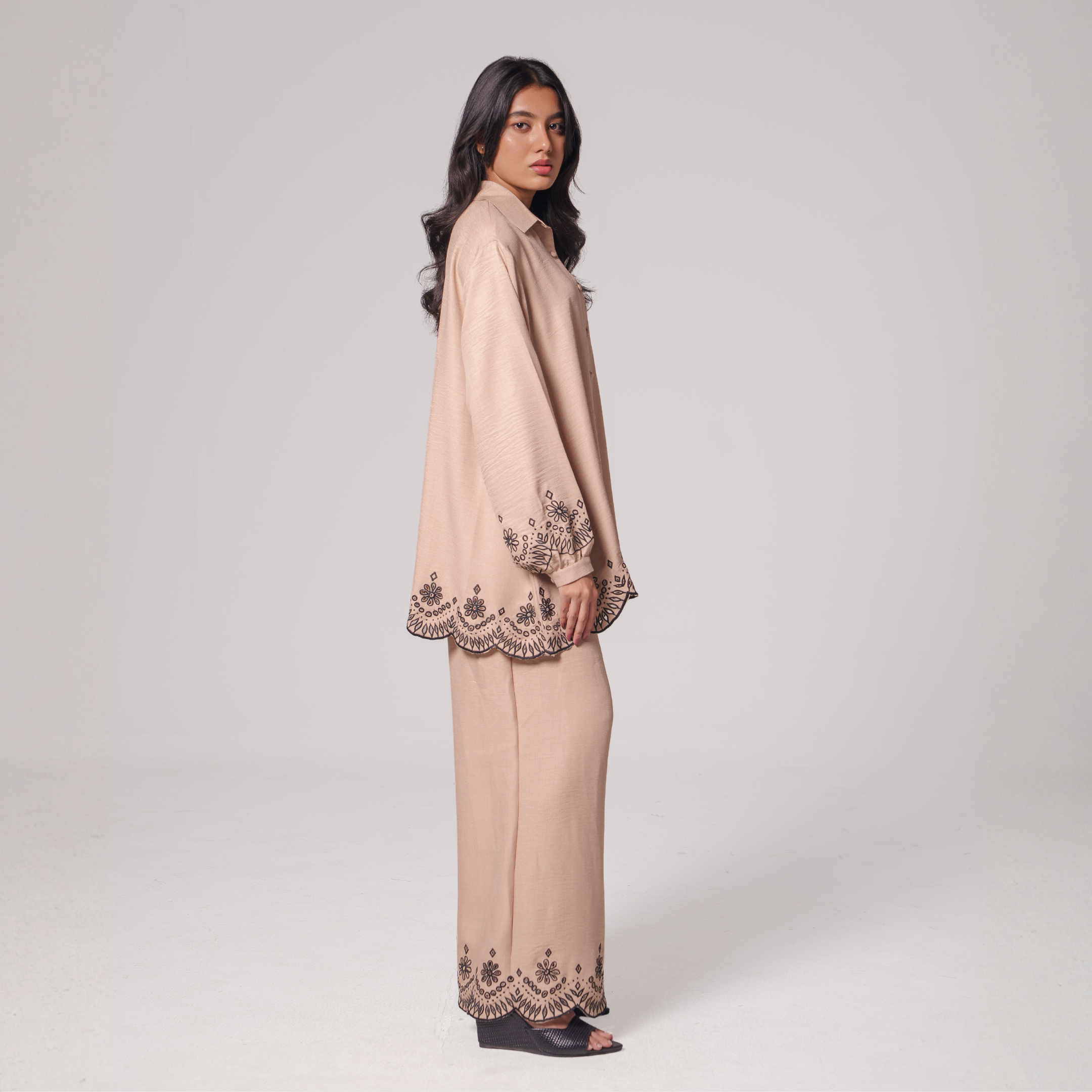 Embroidered Hem Shirt & Wide-Leg Pants Set