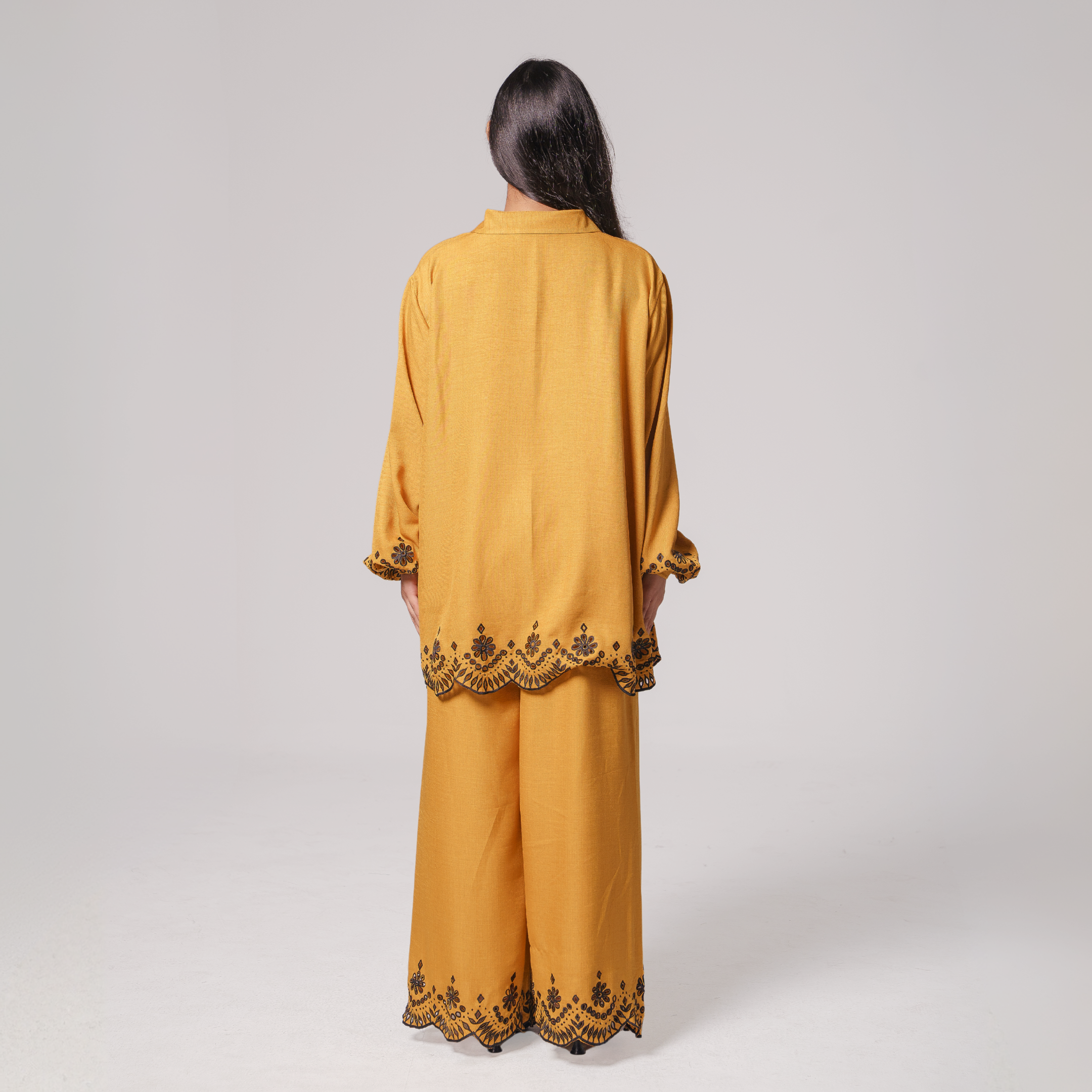 Embroidered Hem Shirt & Wide-Leg Pants Set