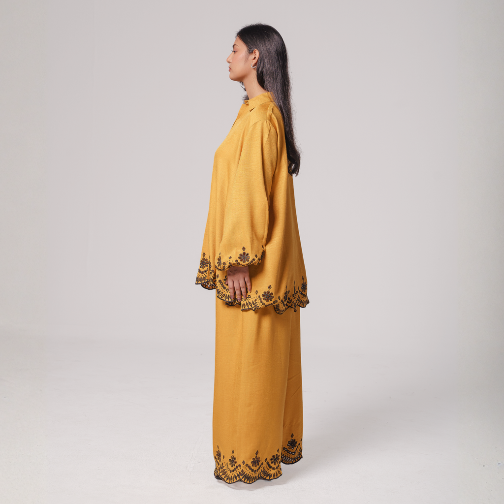 Embroidered Hem Shirt & Wide-Leg Pants Set