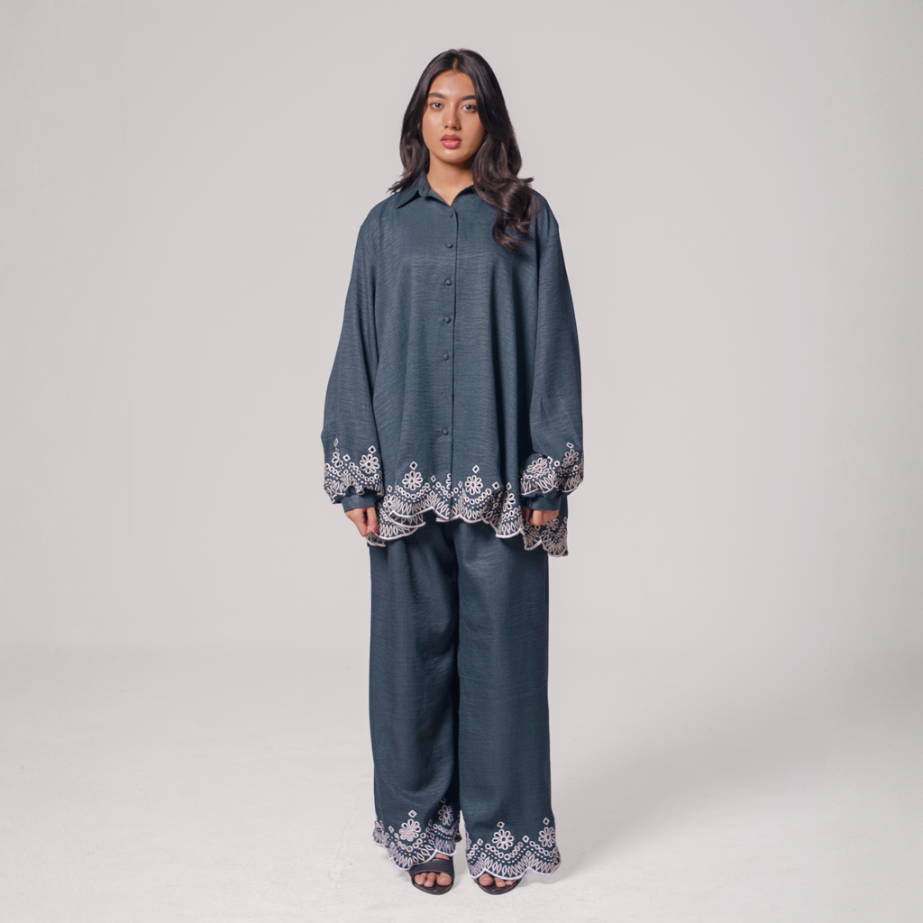 Embroidered Hem Shirt & Wide-Leg Pants Set