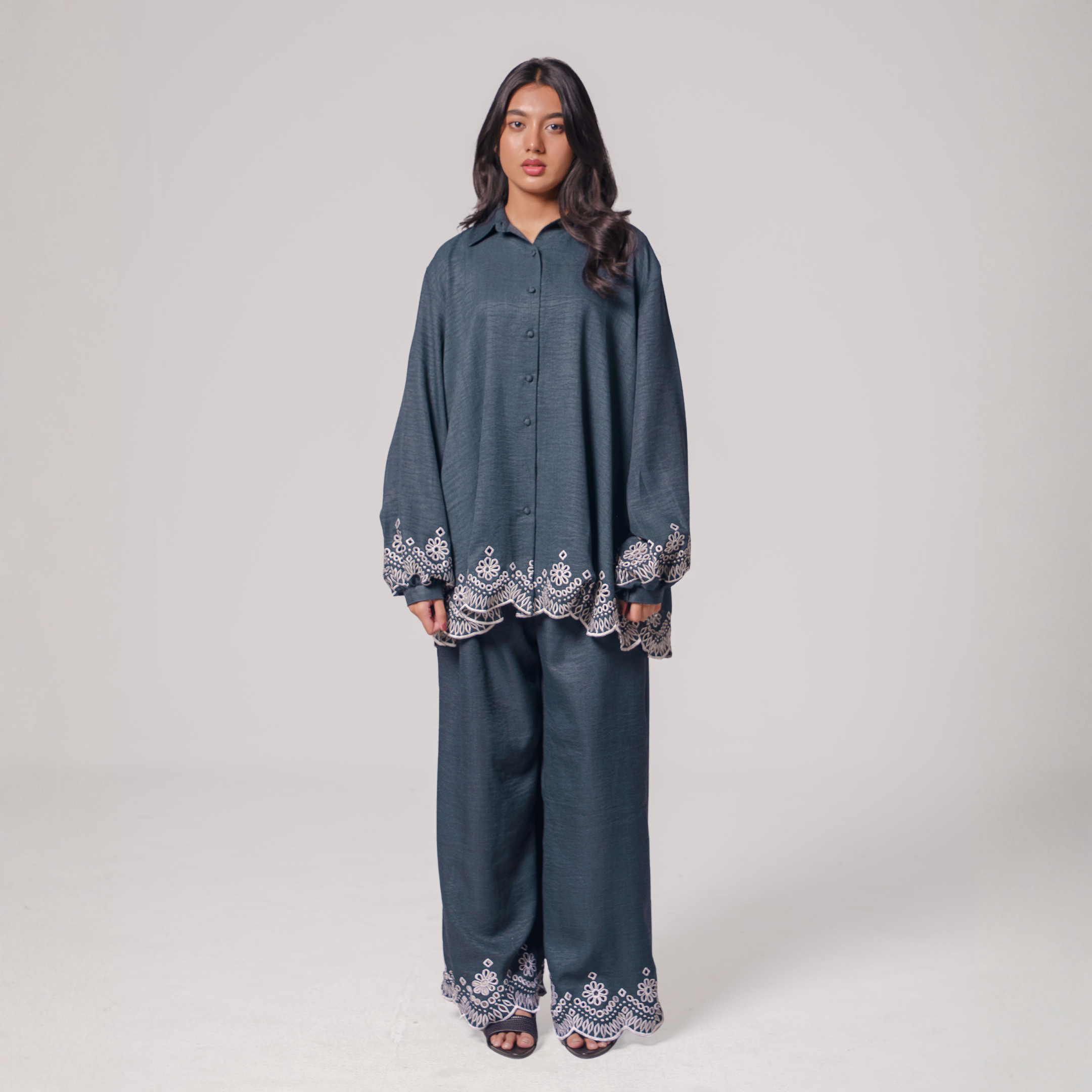 Embroidered Hem Shirt & Wide-Leg Pants Set