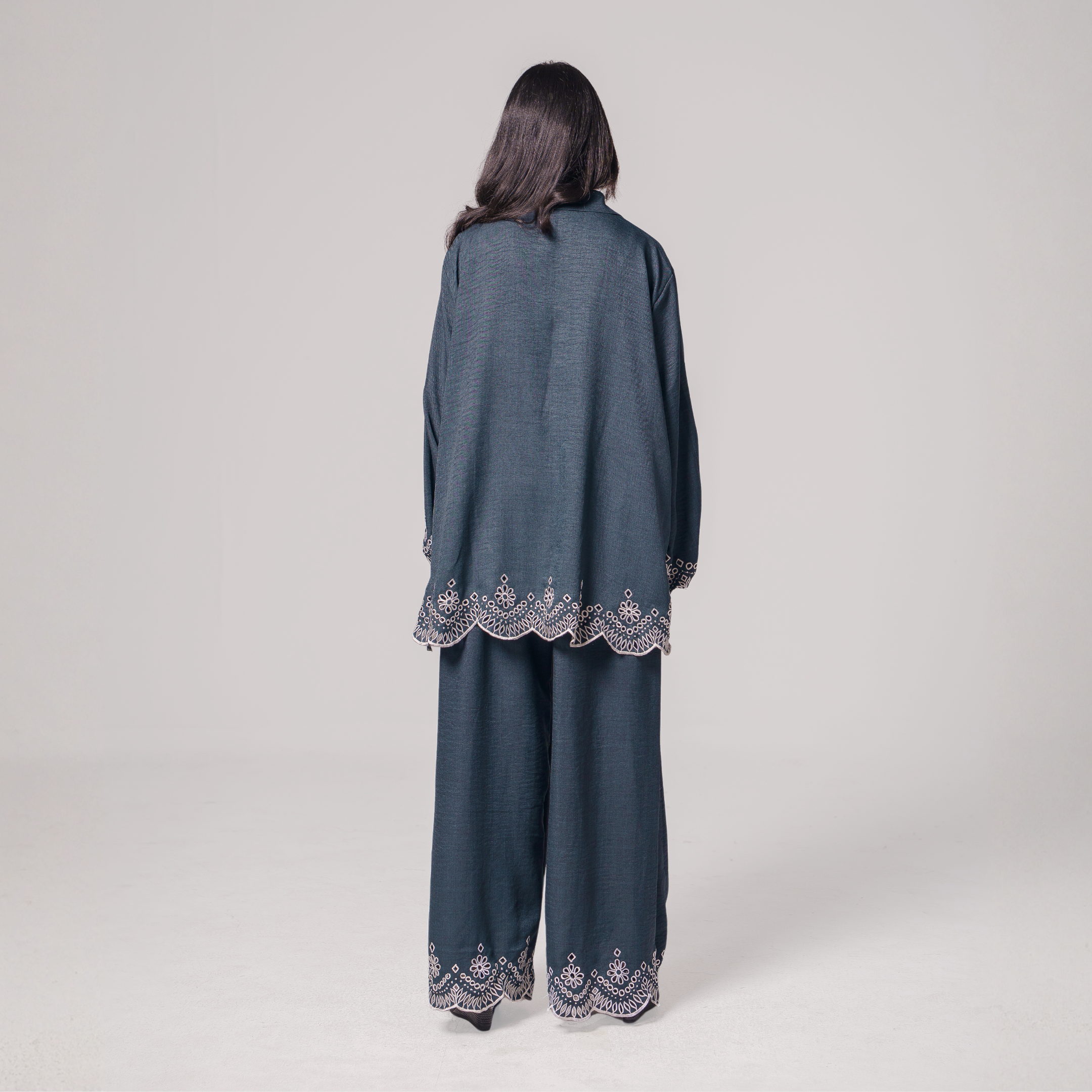 Embroidered Hem Shirt & Wide-Leg Pants Set