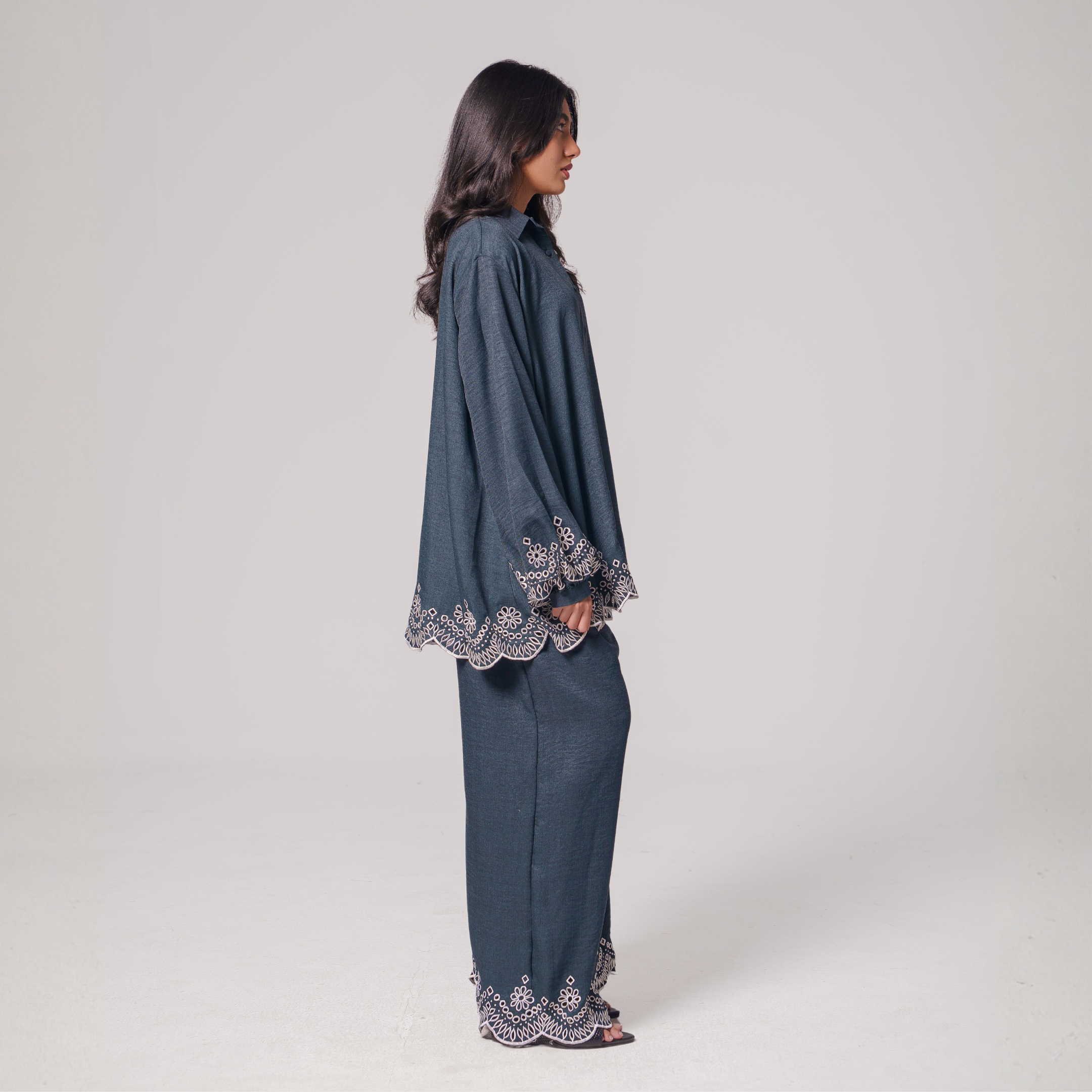 Embroidered Hem Shirt & Wide-Leg Pants Set