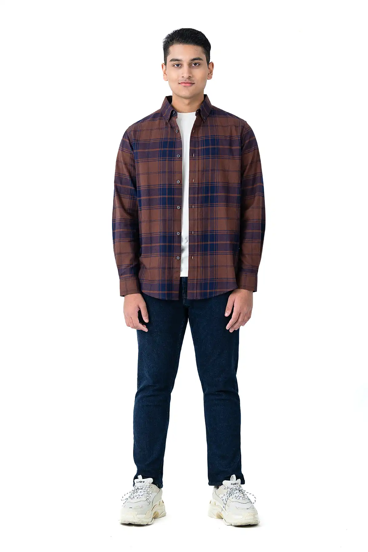 Checked Flannel Shirt - Brown/Navy Blue Check