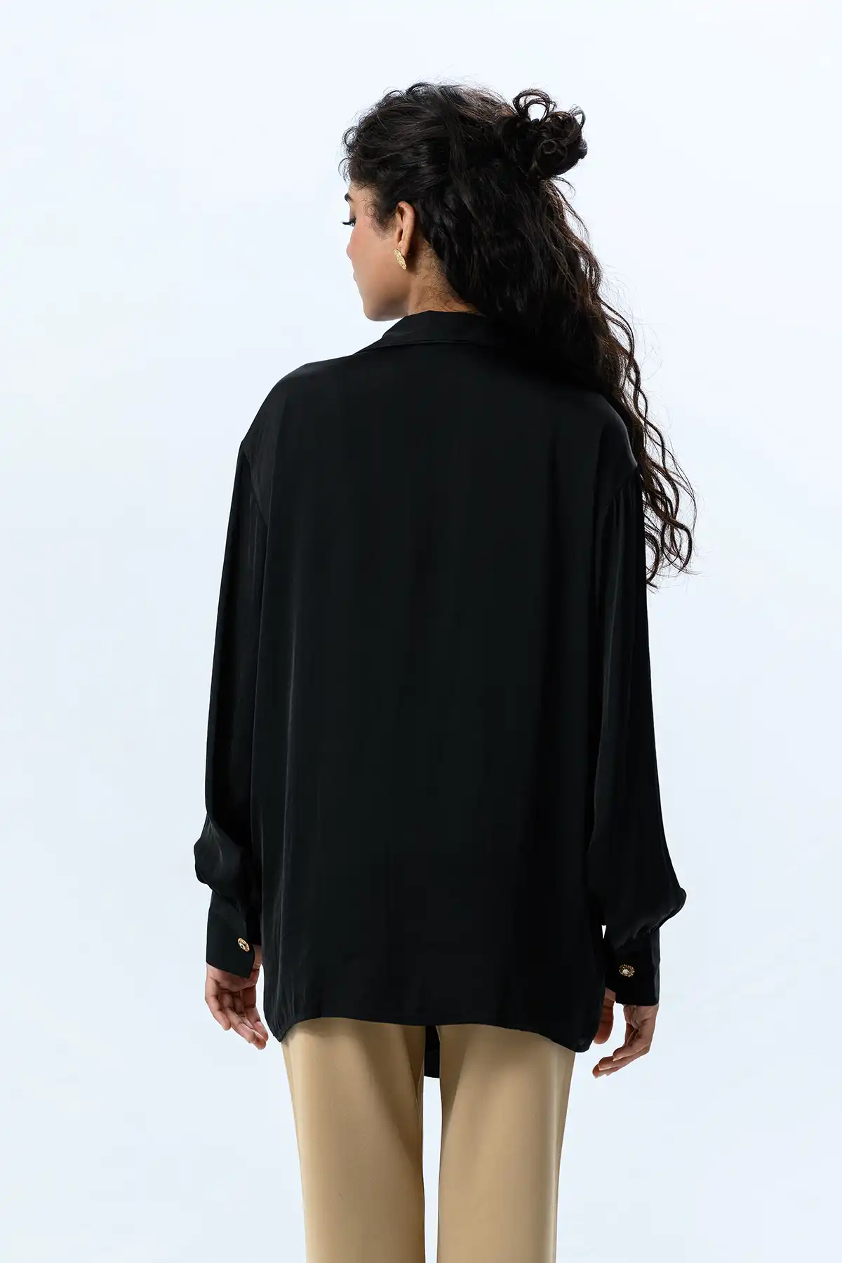 Satin Shirt With Rhinestone Buttons - Black