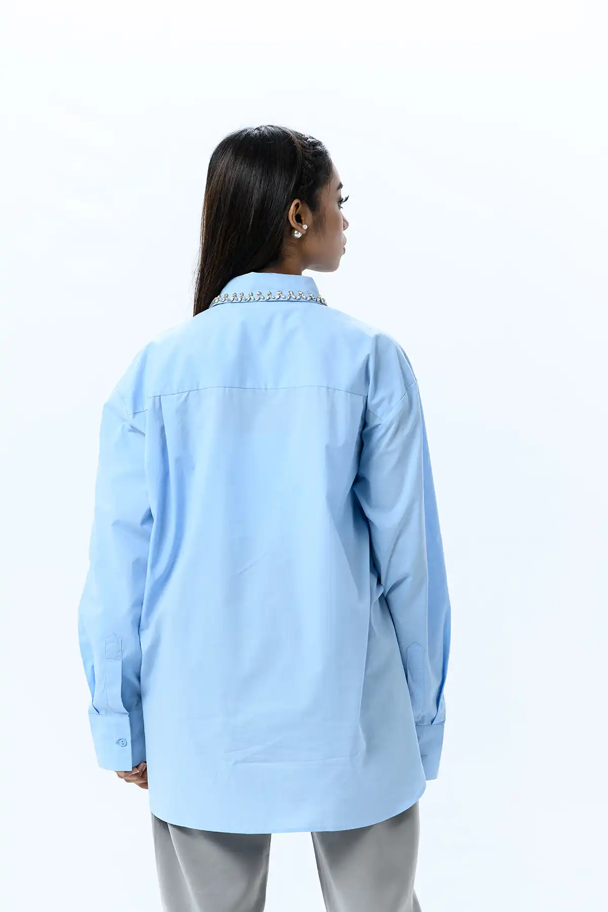 Poplin Shirt With Embellished Collar - Light Blue