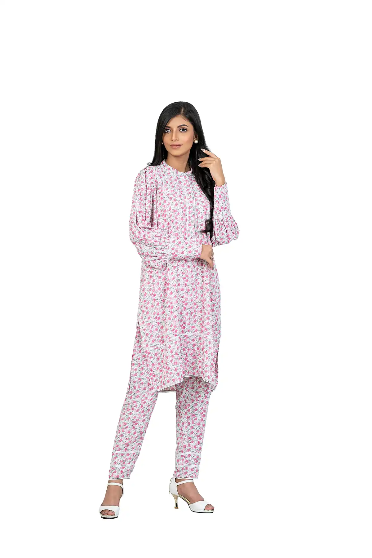 Women Floral Print Mandarin Collar Co-ord Set - White and baby pink (AOP)