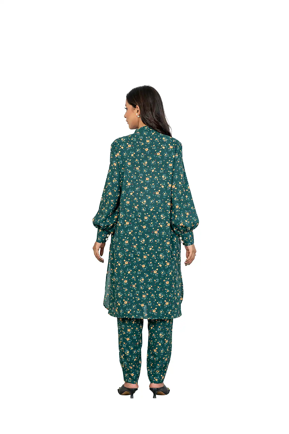 Women Printed Two Piece Set With Bishop Sleeves And Mandarin Collar - Forest Green & Yellow (AOP)