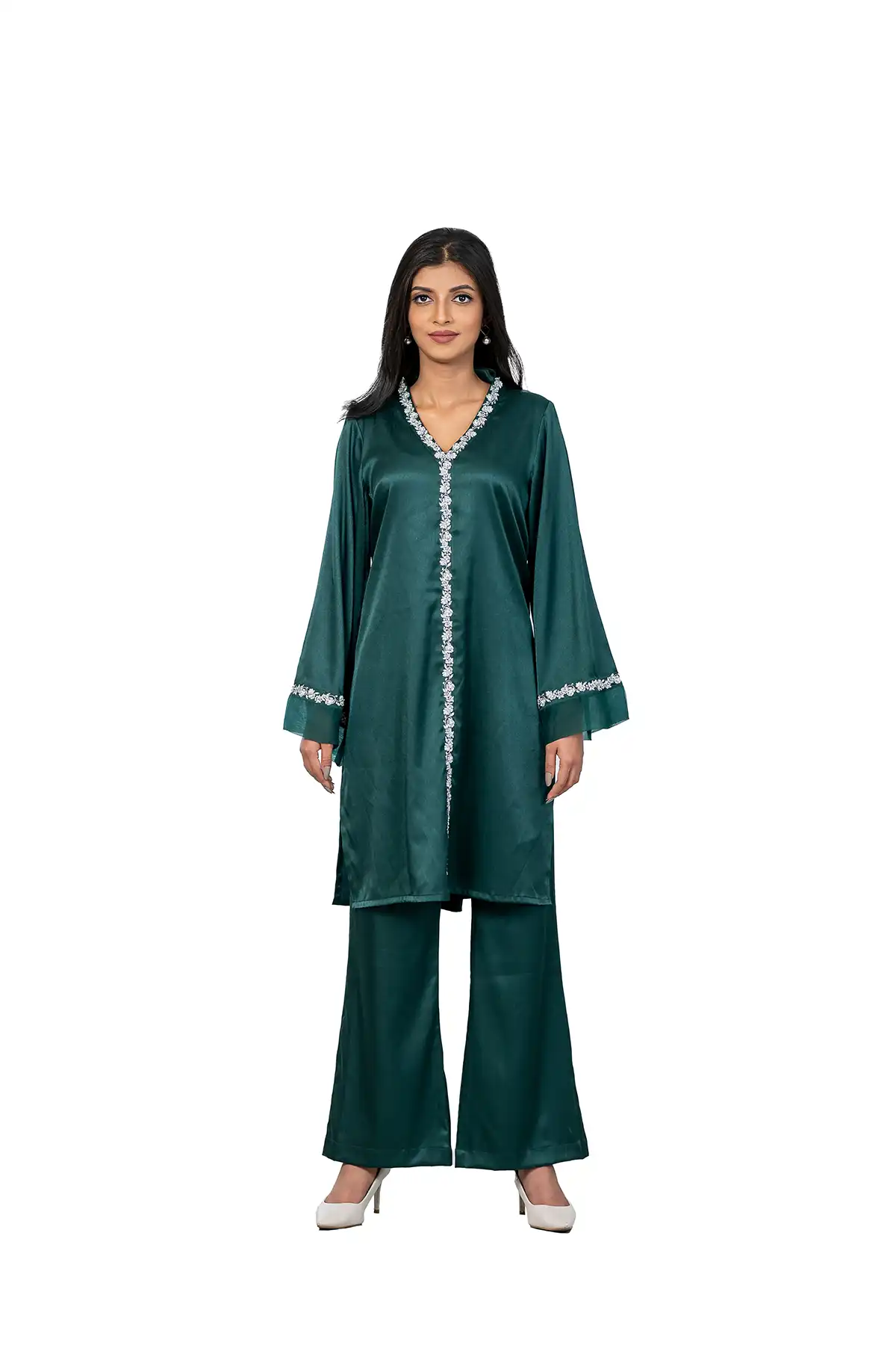 Women Satin Silk Set With Embellished Neckline - Emerald Green