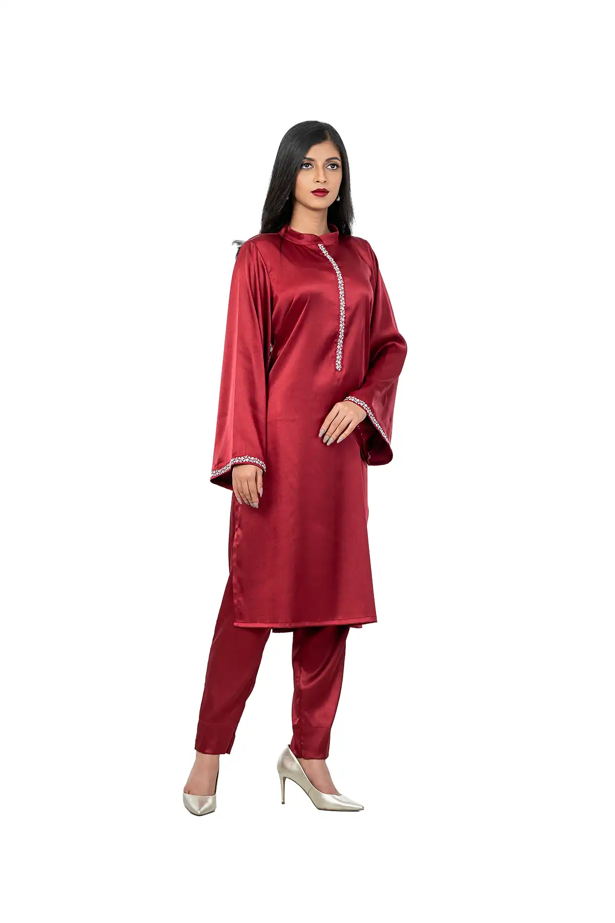 Women Mid Length Kurti With Cigarette Pants - Crimson Red