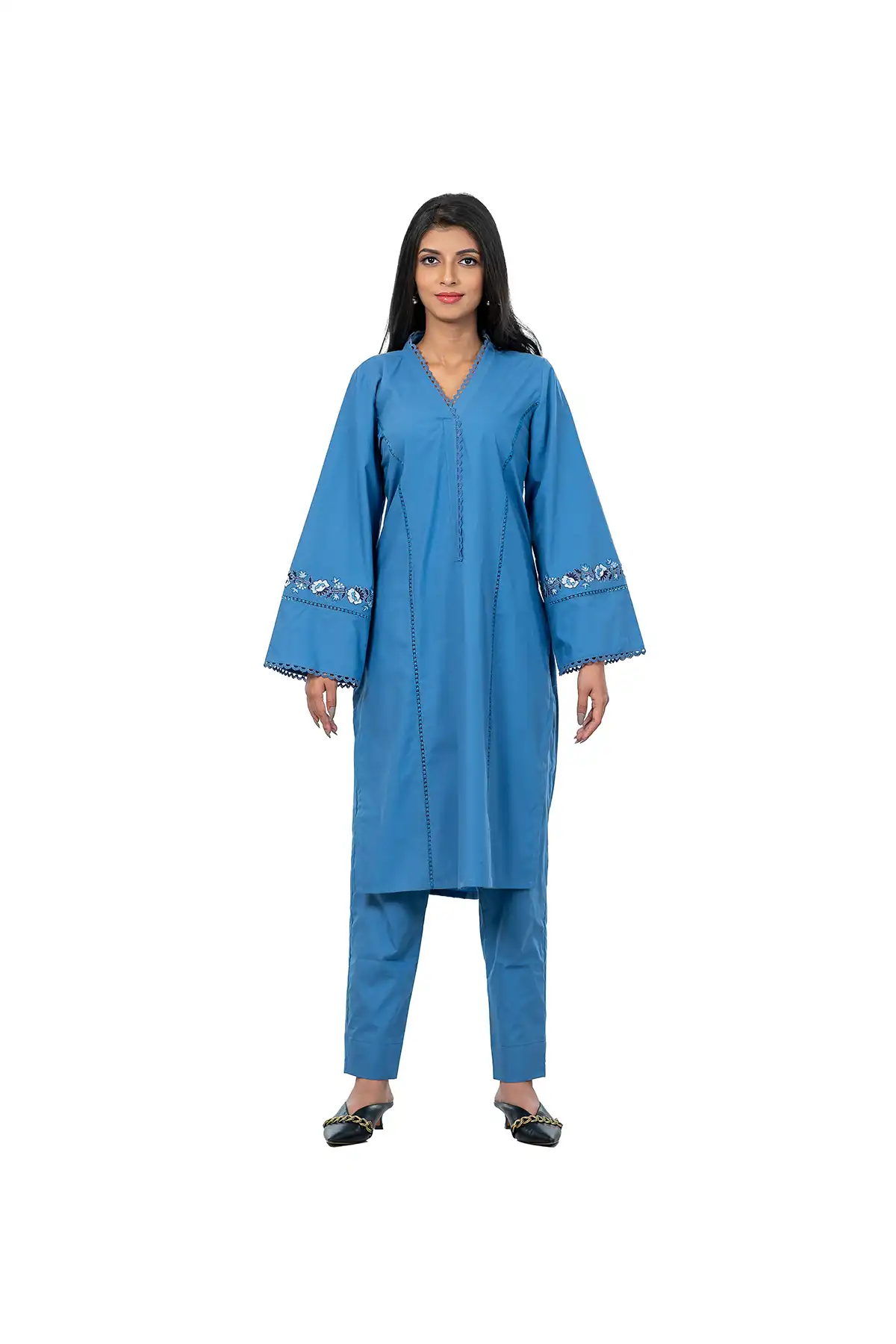 Women Kameez With Embroidered Bell Bottom Sleeves - Carolina Blue