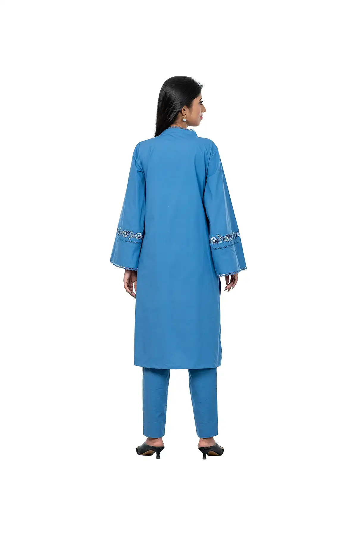 Women Kameez With Embroidered Bell Bottom Sleeves - Carolina Blue