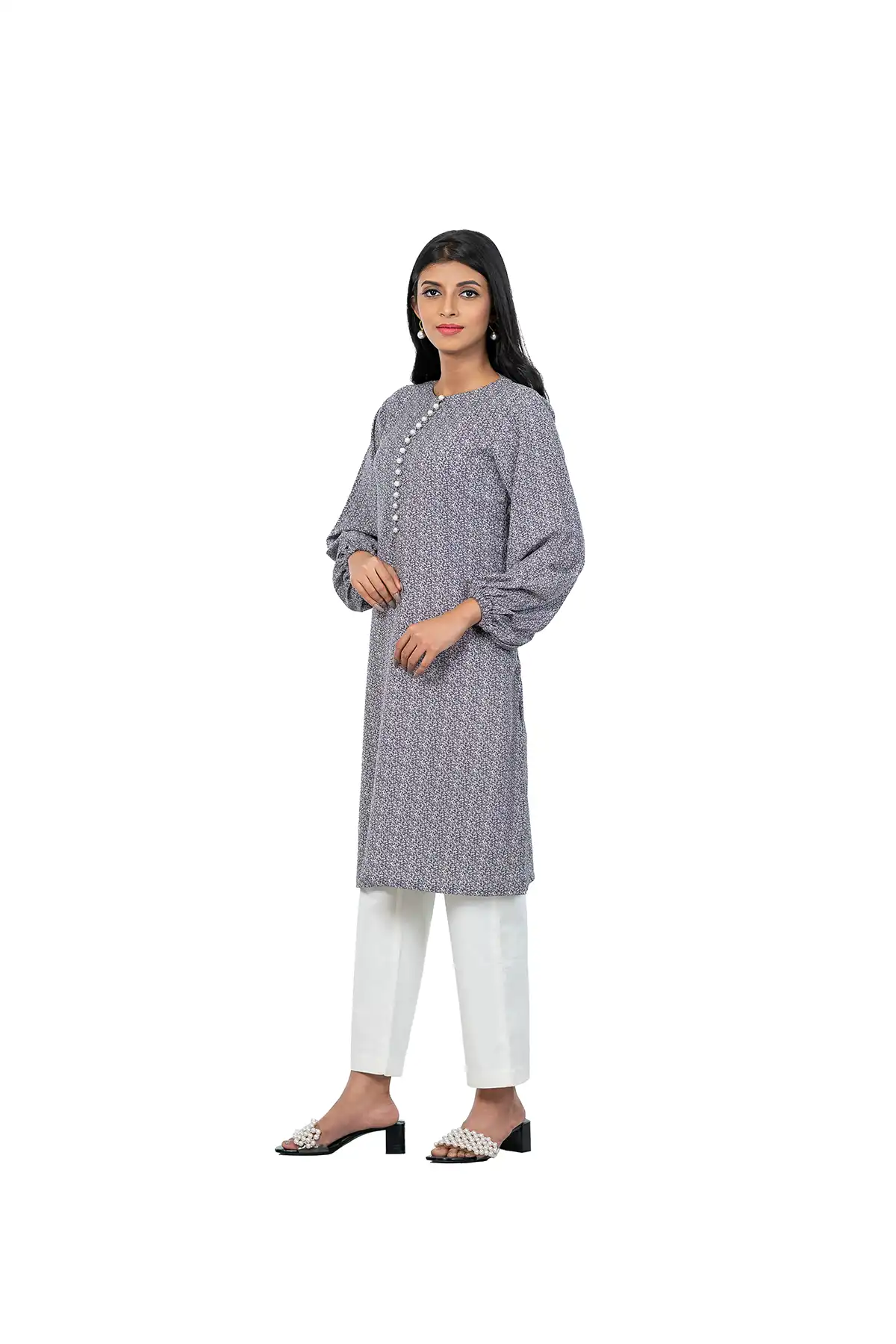 Women Mid Length Kurti With Pearl Buttons - Multi-colored