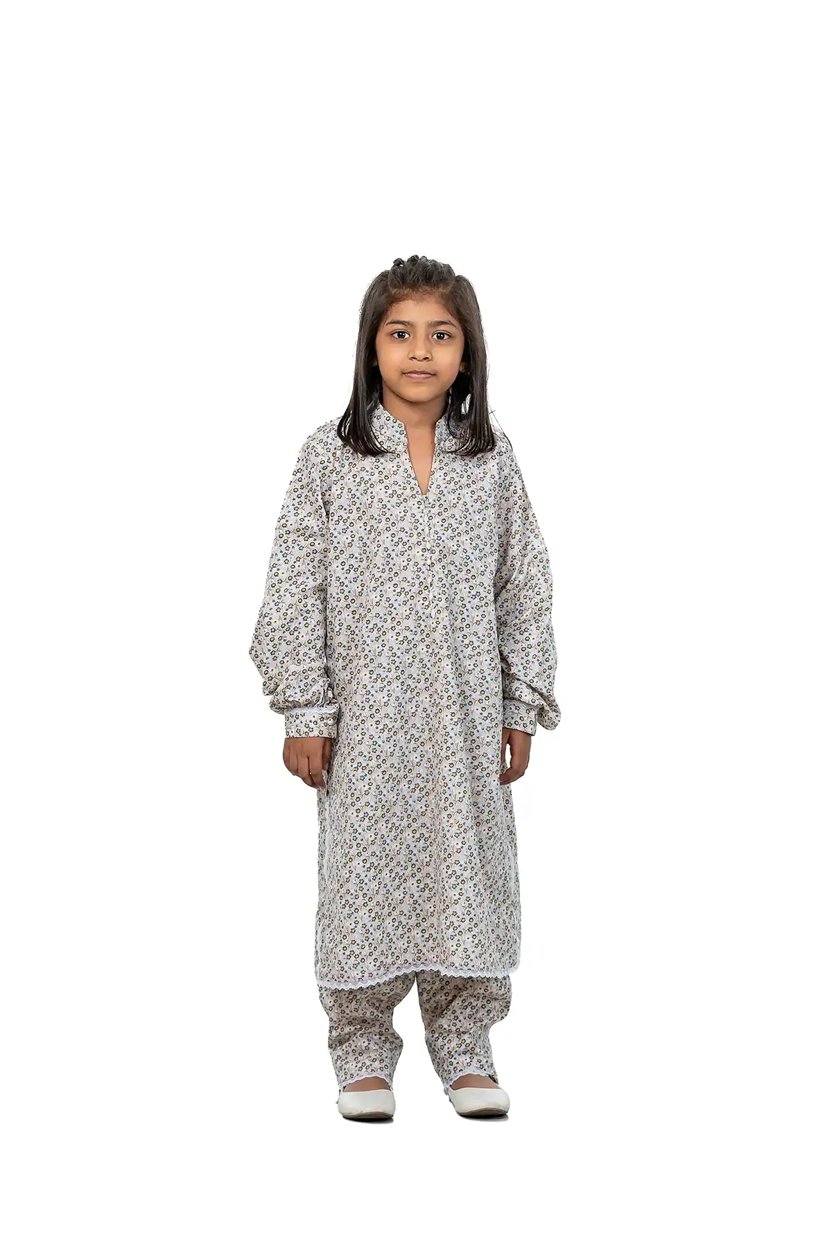 Girl's Mid Length Kurti With Pearl Buttons - Multi Colored