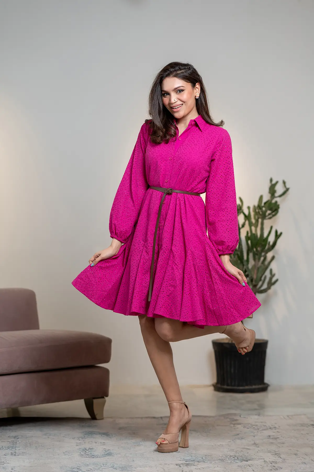 Paneled Shirt Dress - Magenta