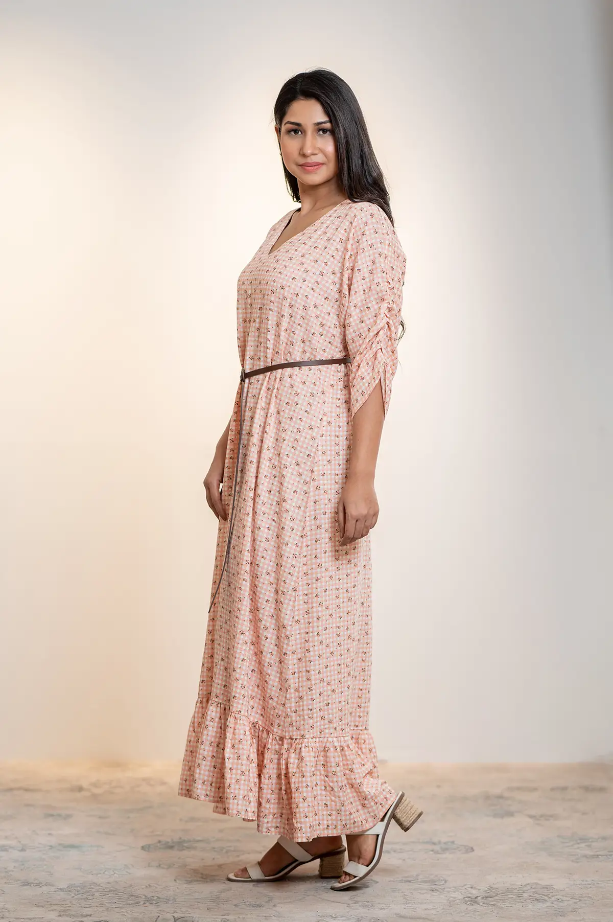 Loose Fitted Maxi Dress - Pink and White Checked