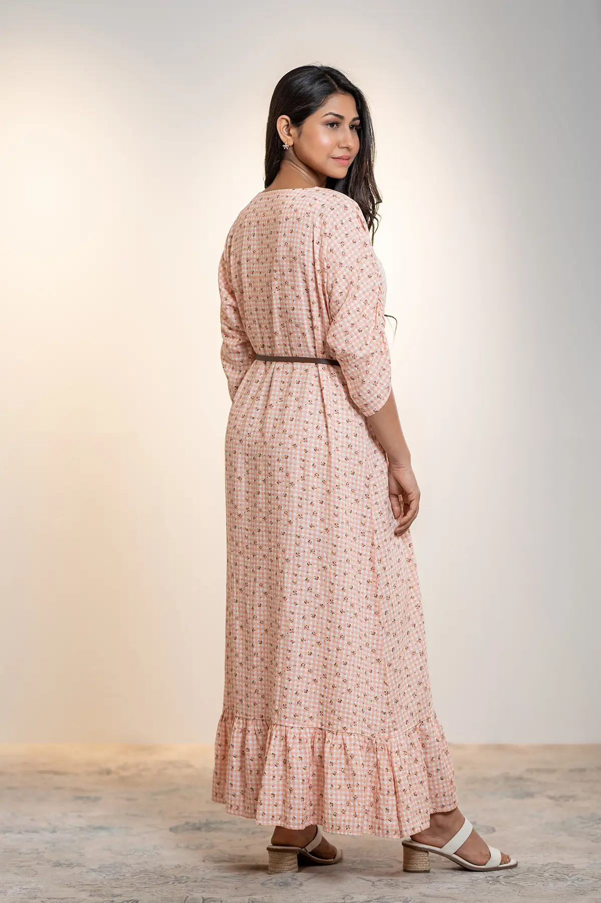 Loose Fitted Maxi Dress - Pink and White Checked