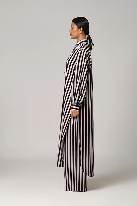 Long-striped shirt with matching wide-leg pants.