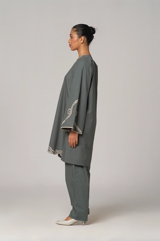 Grey Green Embroidered Kurta Set